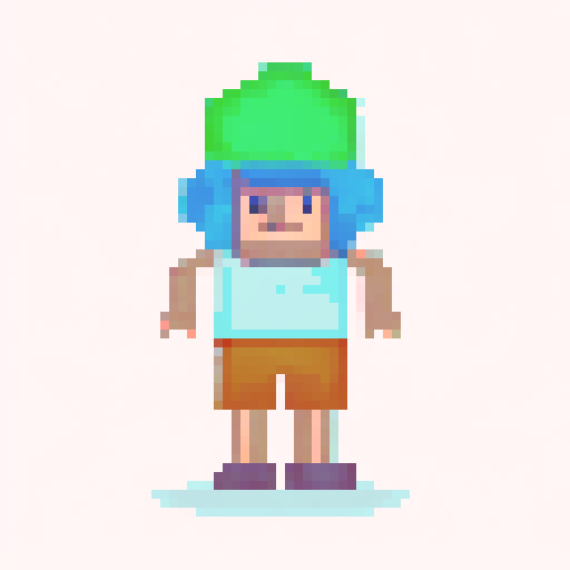 A single sprite of a young boy with a backpack on, pixel art, facing the camera, with a plain expression, on a plain background. His eyes are blue and his hair is brown. His backpack is red. He's wearing green hiking pants with brown shoes. 