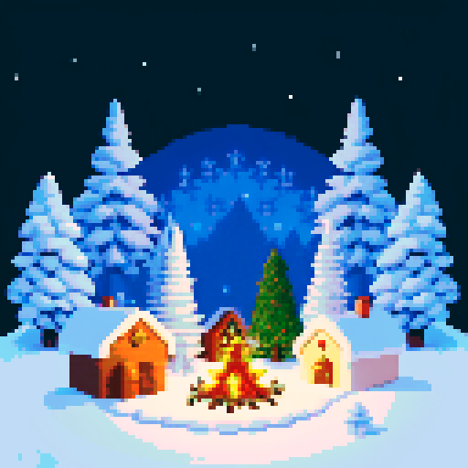 christmas-themed tiny winter town, igloo with smoke coming out, cozy fire in the day, pixel art style, winter trees surrounding, sRGB color space