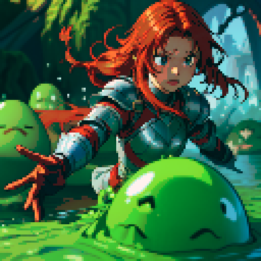 hero sinking into slime, hero drowning in slime, hero has red hair, hero has silver armor, reaching up, panic, sinking deep into slime