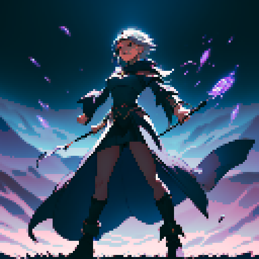 full-body image, sorceress facing right, sorceress ready to fight, evil sorceress, floating, arms out, magic circles, magic power, spell, evil sorceress, evil witch, magic symbols, ultimecia, final fantasy, sRGB, pixel art