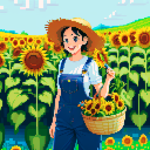 happy, female male farmer in pixel art style, black hair, surrounded by vibrant green fields, wearing worn-out denim overalls and a straw hat, holding a basket full of freshly harvested carrots and a bouquet of sunflowers, with a content smile on his face, standing next to a rustic wooden cart filled with colorful fruits and vegetables
