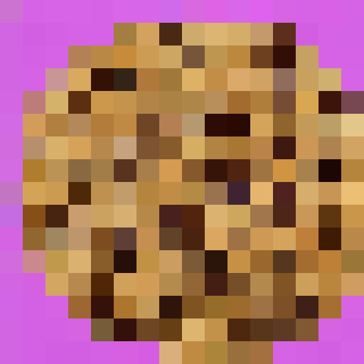 chocolate chip cookie, close up, portrait, game icon, pixel art, 16x16, delicious, crumbly, golden brown, melty chocolate, mouthwatering, bite-sized, textured, sweet, indulgent, irresistible