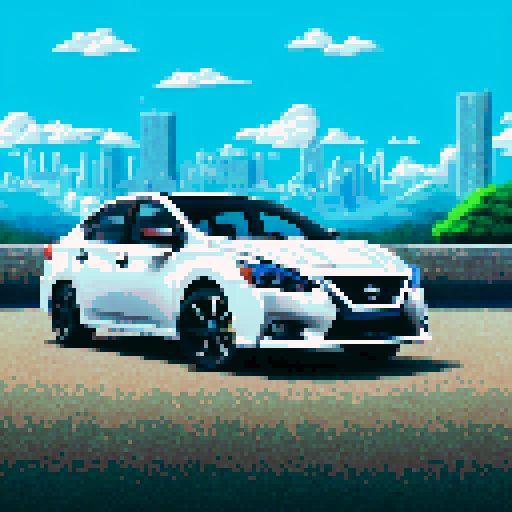 Photorealistic whole Nissan Sentra, three-quarter view, right front wheel, clean background, sRGB colors, pixel art style