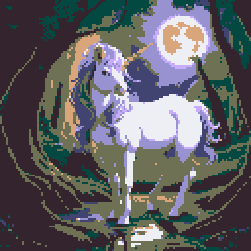 mystic druid wild woman mythological unicorn in a faun body shape, animal-human hybrid, playful demeanor, forest guardian, full body, bathed in moonlight, clear detail