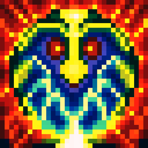 A fierce, fire-breathing monster with bright red scales, sharp claws, and glowing yellow eyes, captured in a game icon-style 32x32 pixel art using the sRGB color space, showcasing its powerful skills in a close-up, skill art portrait