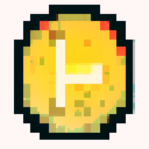 Imagine a digital, pixelated coin, shimmering with a bright golden hue. This coin has a classic round shape, resembling a traditional coin, but its surface is made up of tiny, square pixels, giving it a distinctly digital and retro video game look. The pixels catch light at various angles, making the coin glint and sparkle. On its surface, there is a simple, pixelated design – perhaps a symbol or a character – that is iconic and easy to recognize, yet rendered in a minimalist, blocky style typic