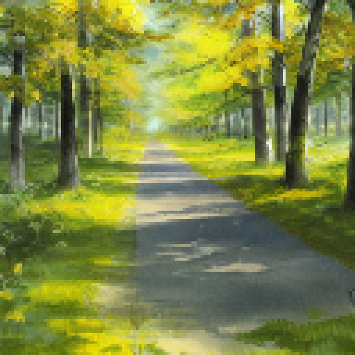 painting of a forest with a path through it