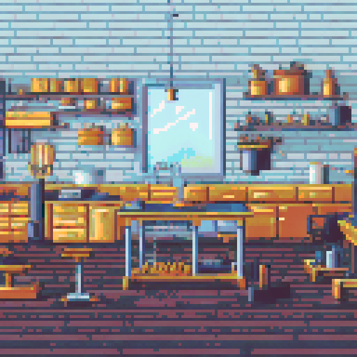 It is the 19th century, A cluttered workshop with wooden boards on the floor, walls adorned with woodworking tools, workbenches scattered with tools, in a 16bit pixel art style