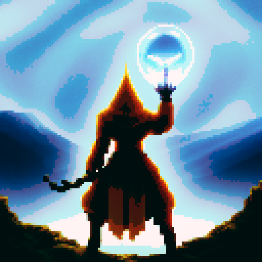 Hooded, cloaked, pale-skinned, gaunt, sorcerer, holding a glowing orb, surrounded by arcane symbols, standing on a mountain peak, with a stormy sky in the background.