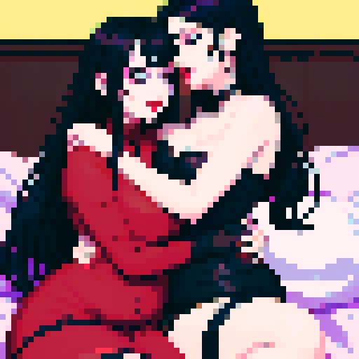curvy, cute goth girls with black hair, purple eyeshadow, and red lipstick, in love, kissing, embracing each other, pixel art style, sRGB