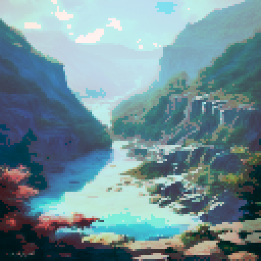 Craggy waterfalls cascade into crystal-clear lakes amidst lush vegetation in a stunning landscape portrait of an ancient city at the bottom of a rocky precipice.