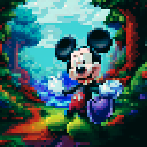 pixelated close up portrait of mickey mouse wearing a purple hoodie and green gloves smoking a joint wearing a green beanie hat