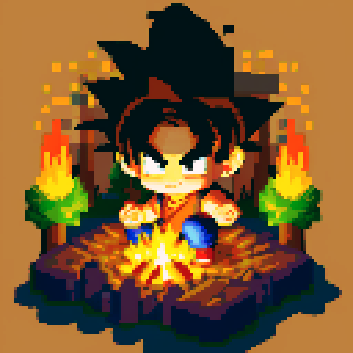 16 bit style pixel art Portrait of Goku from Dragon Ball sitting down in a campfire site, lush forest, golden hour lighting, Goku gazes into the fire as the light reflects of his clothing. Behind him is a dark, ominous forest, with towering trees and faint, eerie shadows. The cozy atmosphere of the scene is illuminated by the warm, flickering light from the bonfire, rough appearance, low quality, masterpiece, bright colors, pixelated