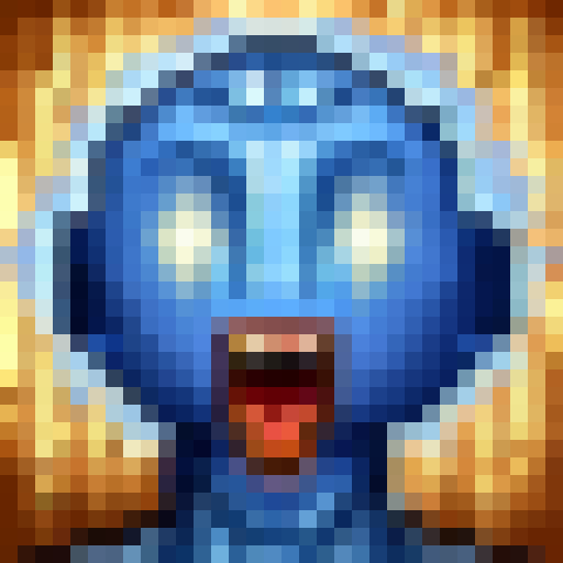 Smiling blue alien with oversized eyes in a close-up portrait, depicted in skillful 32x32 pixel art with a game icon style and vibrant sRGB hues. 