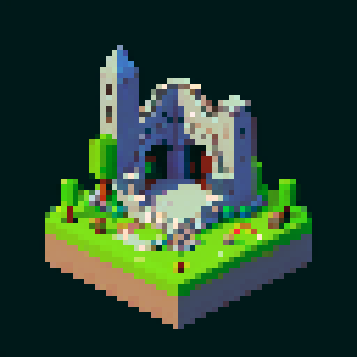 Design a 2D pixel map portraying a dark, terrainless landscape in a top-down view. The 64x64 canvas showcases a uniformly dark surface. Scatter small, discreet stone ruins on both sides, avoiding dominance. Employ simple shapes to imply ancient structures, blending with the environment. Emphasize mystery and solitude. Keep ruins subtle, amplifying intrigue while retaining a vast, simplistic feel.
