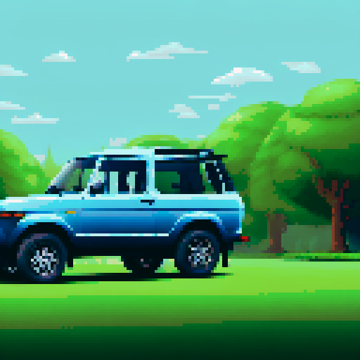 Photorealistic, centered Lada Niva in a three quarter view, right wheel in front, clean background, pixel art style with sRGB colors