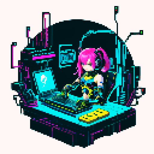 cute cyberpunk scorpion with human head, human head is from anime inspired character with vibrant hair, expressive eyes, and a playful smile, scorpion is playing computer games, tables with potato chips and coca cola, scorpion's tail should be fully in the picture, bright yellow and cyan and pink lights
