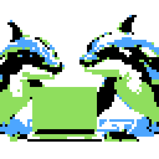killer whales swimming in a vibrant ocean, typing on a retro laptop with pixelated keys, surrounded by a rainbow of colors in sRGB style