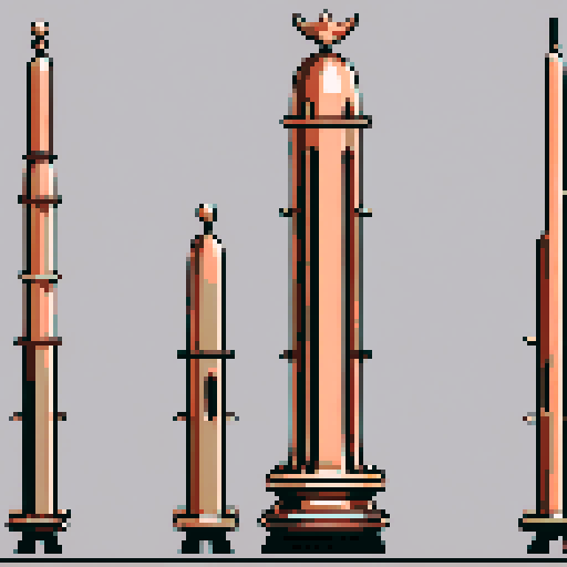 I want a tall vertical copper structure reminiscent of a organ pipe. It should have strange mechanical details that could interlock with each other. I also want this object usable an asset in a videogame, meaning only one object per image, outlined with a strong black stroke, on a solid-color background.