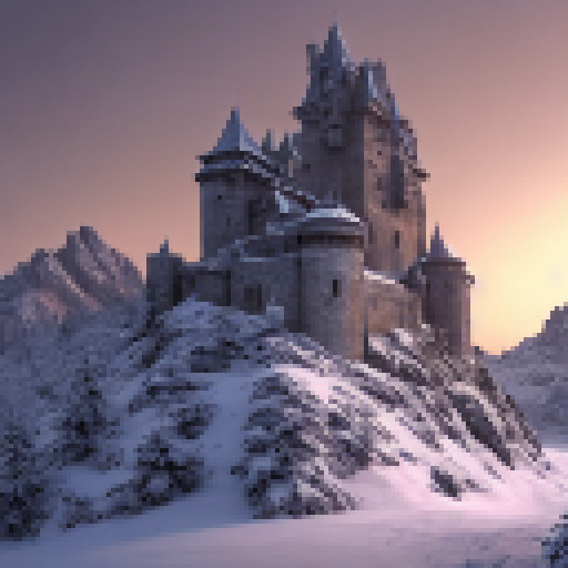 A castle embedded in a mountain, winter, dragons
