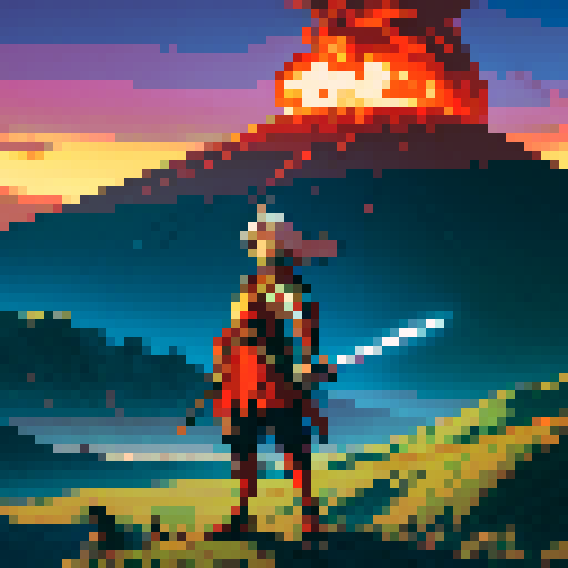 Anime warrior on an adventure with a volcano in the background. The warrior is holding a sword. 
