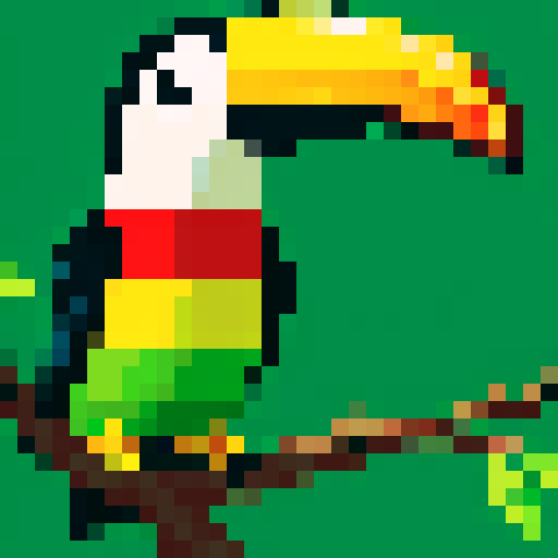 toucan on a tree in the forest. the scene displays two big trees with the toucan in the middle on one of their branches