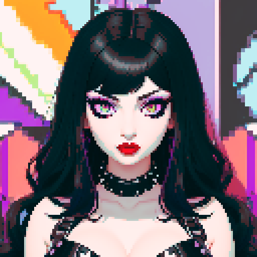 curvy, cute busty goth girl's face, whole head portrait, black hair, purple eyeshadow, red lipstick, low cut black studded leather halter top, studded collar, vibrant sRGB colors, seductive look.