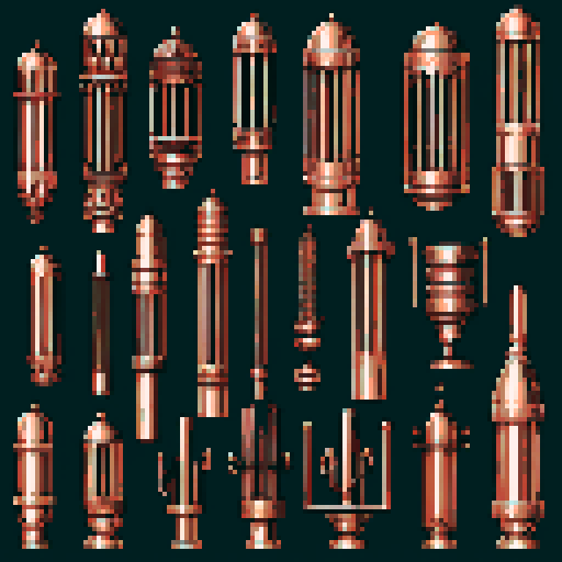 I want a tall vertical copper structure reminiscent of a organ pipe. It should have strange mechanical details that could interlock with each other. I also want this object usable an asset in a videogame, meaning only one object per image, outlined with a strong black stroke, on a solid-color background.