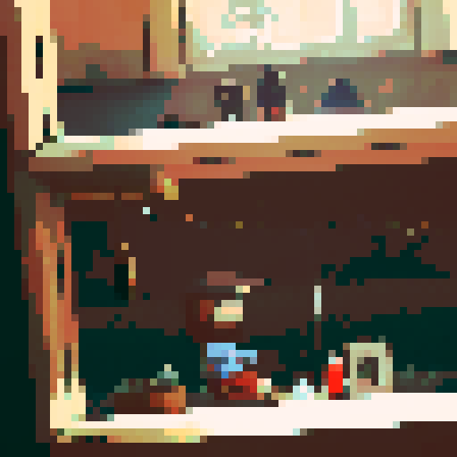 boy with long hair, hat on, bottle next to him, unbothered, mirror reflecting party behind him, pixel art