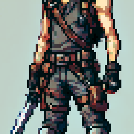 male, athletic and muscular fuzzy hair, wearing light armor that offers some protection rendered in a 64x64 pixel full body sideview style