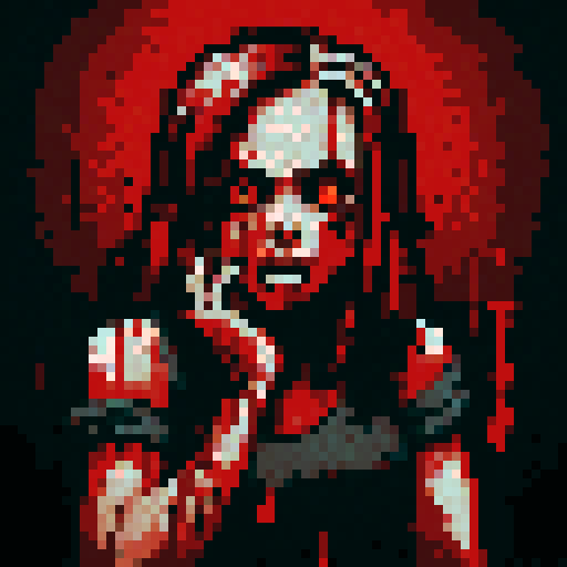 blood splatters, pixelated gore, vibrant red hues, jagged edges, detailed carnage, distressed pixels, dark and macabre, horror in 8-bit, low resolution brutality, intense violence, twisted and distorted, gory masterpiece, graphic and shocking, retro gore, pixelated horror, sRGB color palette, gruesome scenes, intense pixelation