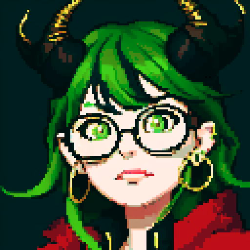 messy green hair, small black horns, round gold glasses, gold ear piercings, red jacket, pixel art, sRGB