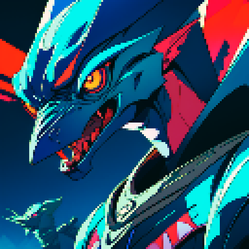 bird monster, vibrant colors, sharp angles, menacing beak, mechanical limbs, glowing eyes, geometric patterns, intricate details, retro video game aesthetic, 8-bit graphics, blocky pixels, limited color palette, nostalgic vibes