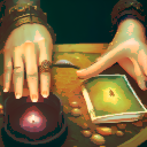 A close-up of a woman's hands over a table during a tarot card reading in a medieval dark style. The table is adorned with elements of the ocean such as sea shells, sand, and small pieces of coral. The atmosphere is mystical and dimly lit, with candlelight casting shadows that enhance the eerie and magical mood. The woman's hands are gracefully poised over the cards, which also have oceanic designs like waves and mermaids.