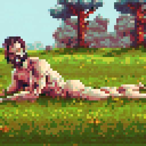 crazy, naked, long-haired man, sRGB, pixel art, grass field, front, background, landscape