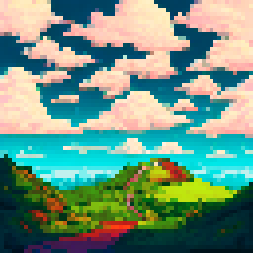 sky with fluffy white clouds on top of the image, rolling green hills on the bottom of the image