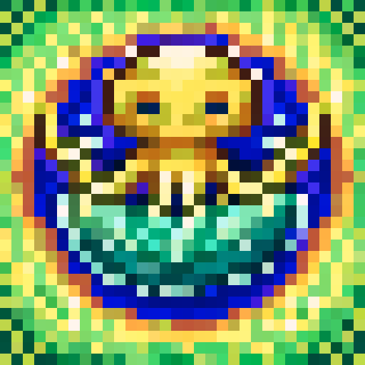 Octopus with curly tentacles, wearing a gold chain and a green hat, riding a majestic whale with a gold chain, against a blue and green pixelated ocean background