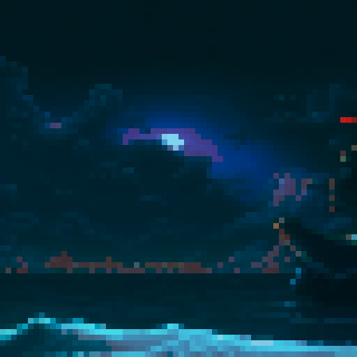 ocean waves crashing, moonlit sky with galaxies, pixel art ships sailing