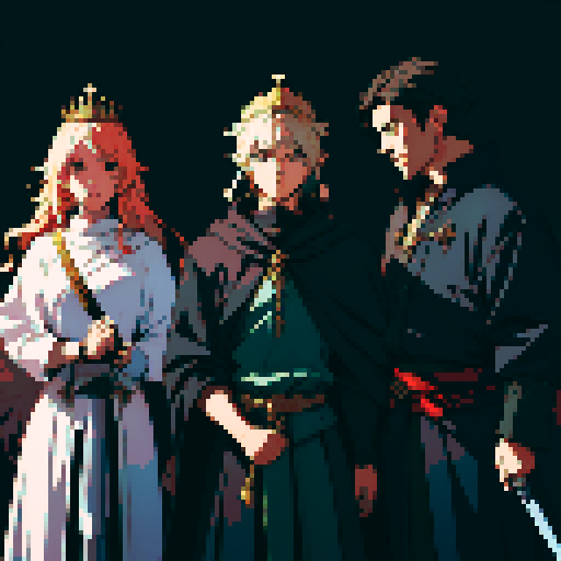 three men, king and his retinue, crown, light at the kind, dark place, king with sword