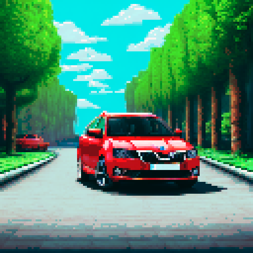 Photorealistic whole Skoda Octavia, centered, three-quarter view, right front wheel, clean background, sRGB colors, pixel art style