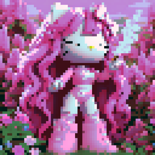 hello kitty smoking a joint with long pink hair bangs, pixel art style hd sanrio hello kitty, field of pink cannabis plants 