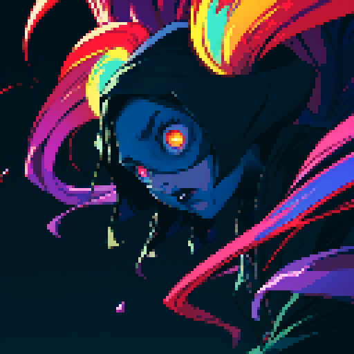 Eldritch being, cosmic tendrils, glowing eyes, twisted limbs, otherworldly colors, sRGB, pixel art