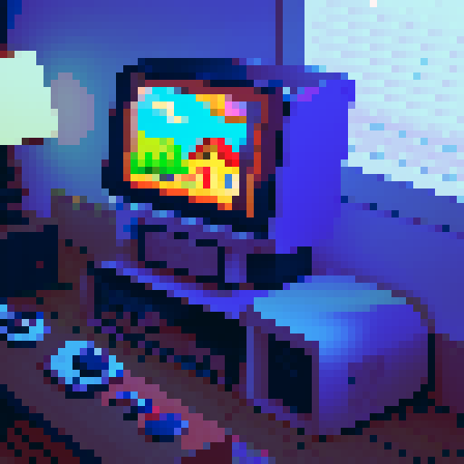 n64 game console in cozy room with the image of a cabin on the screen saying "start"