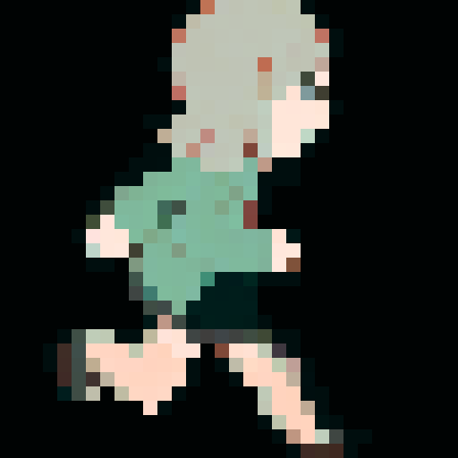 cutesy protagonist running, game icon, 32x32 pixel art, sRGB, skill art, close up, portrait, vibrant colors, dynamic pose, sparkling effects, exaggerated expressions, stylized hair, glowing eyes, pixelated background, whimsical atmosphere, cute running shoes, animated action lines, charming smile