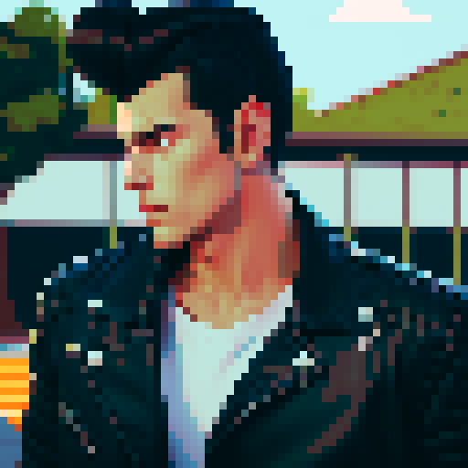 Tough Greaser man wearing motorcycle jacket with pompadour hairstyle, portrait, face avatar, sRGB colors.