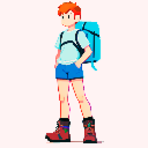 Full body image of a male character wearing a T-shirt, colorful shorts, hiking boots, and a back pack 