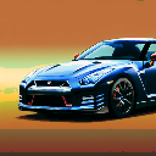 Photorealistic whole Nissan GT-R, three-quarter view, right front wheel, clean background, sRGB colors, pixel art style
