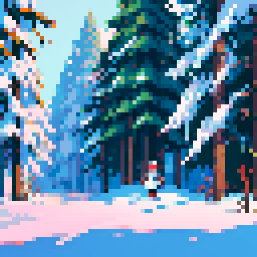 Deep snowflakes falling from the sRGB sky, pixel art snow-covered jungle with lots of colorful trees