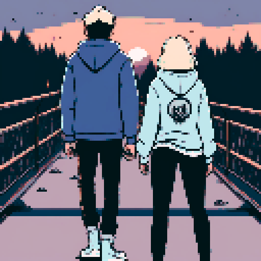 Generate an image of a young couple standing on a bridge at sunset, viewed from behind. The woman has long blonde hair, covered by a black hood, and is wearing a black shirt with the bottom tied at the waist and low-rise black jeans. She has visible tattoos: a simple line drawing of a snake on her arm, and stars and a cartoonish character on her lower back. The man has his t-shirt pulled over his head revealing his back, and is wearing blue and white basketball shorts. He has multiple tattoos: m