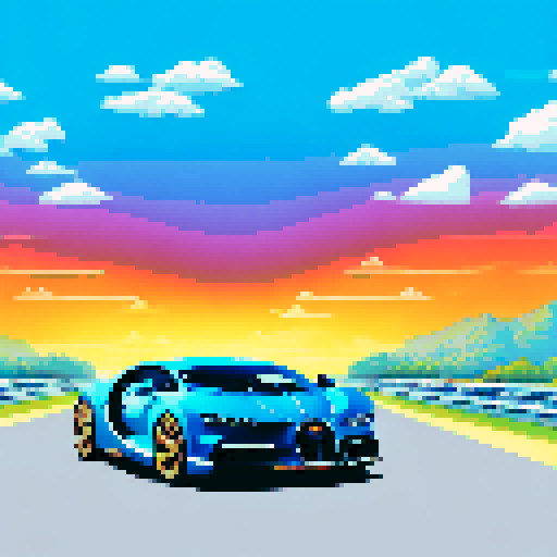 Photorealistic, centered Bugatti Chiron in a three quarter view, right wheel in front, clean background, pixel art style with sRGB colors
